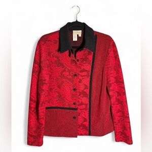 Coldwater Creek Red and Black Patterned Blazer/Blouse